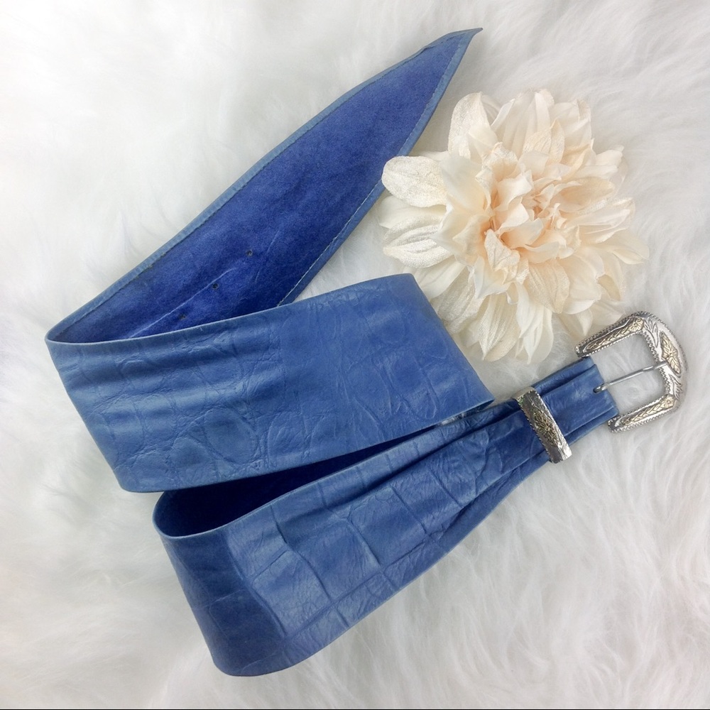 Vintage Blue Embossed Leather Belt